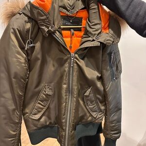 BCBGMaxAzria Olive Puffer Jacket with Orange Interior